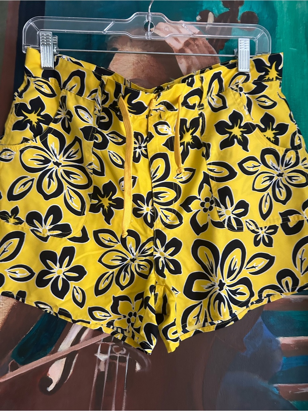 WWomen's Yellow Floral Bermuda Shorts with Black Print - Picture 2 of 12